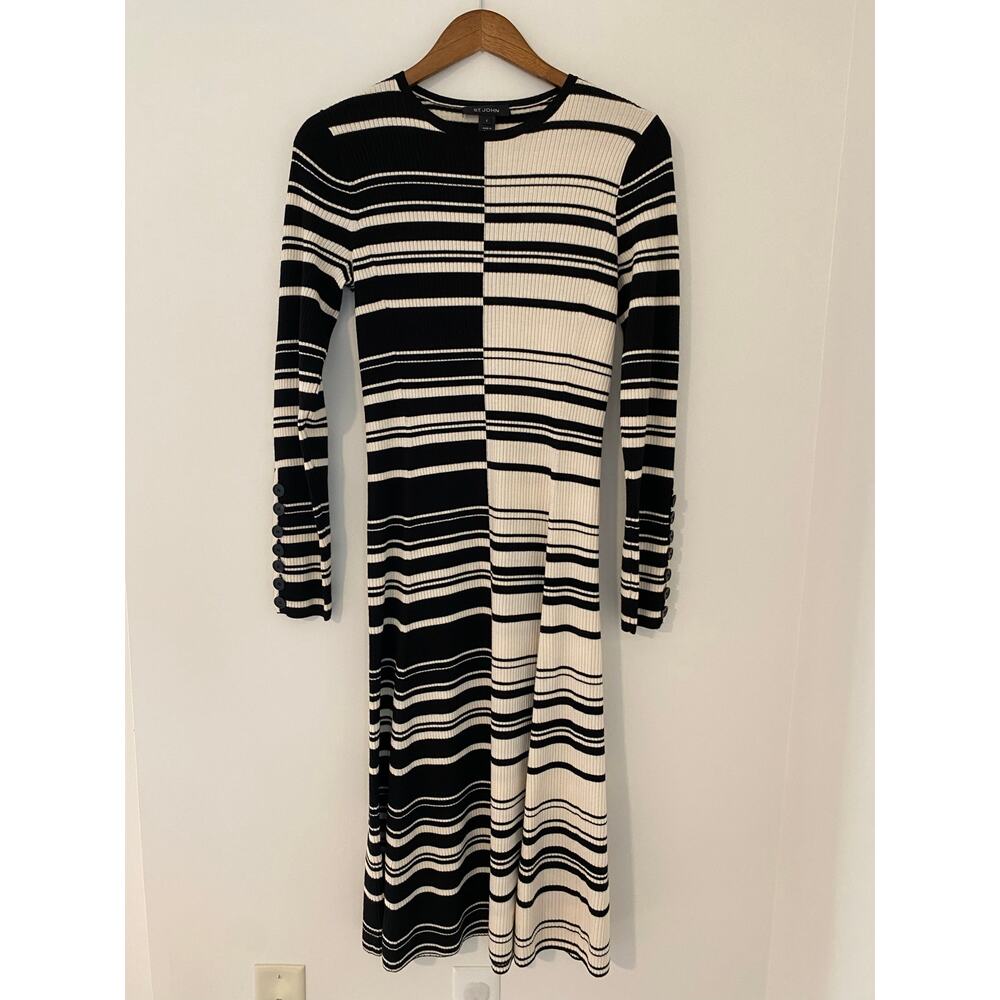 St John Collection Graphic Stripe 100% Wool Long Sleeve Maxi Dress Black Beige S